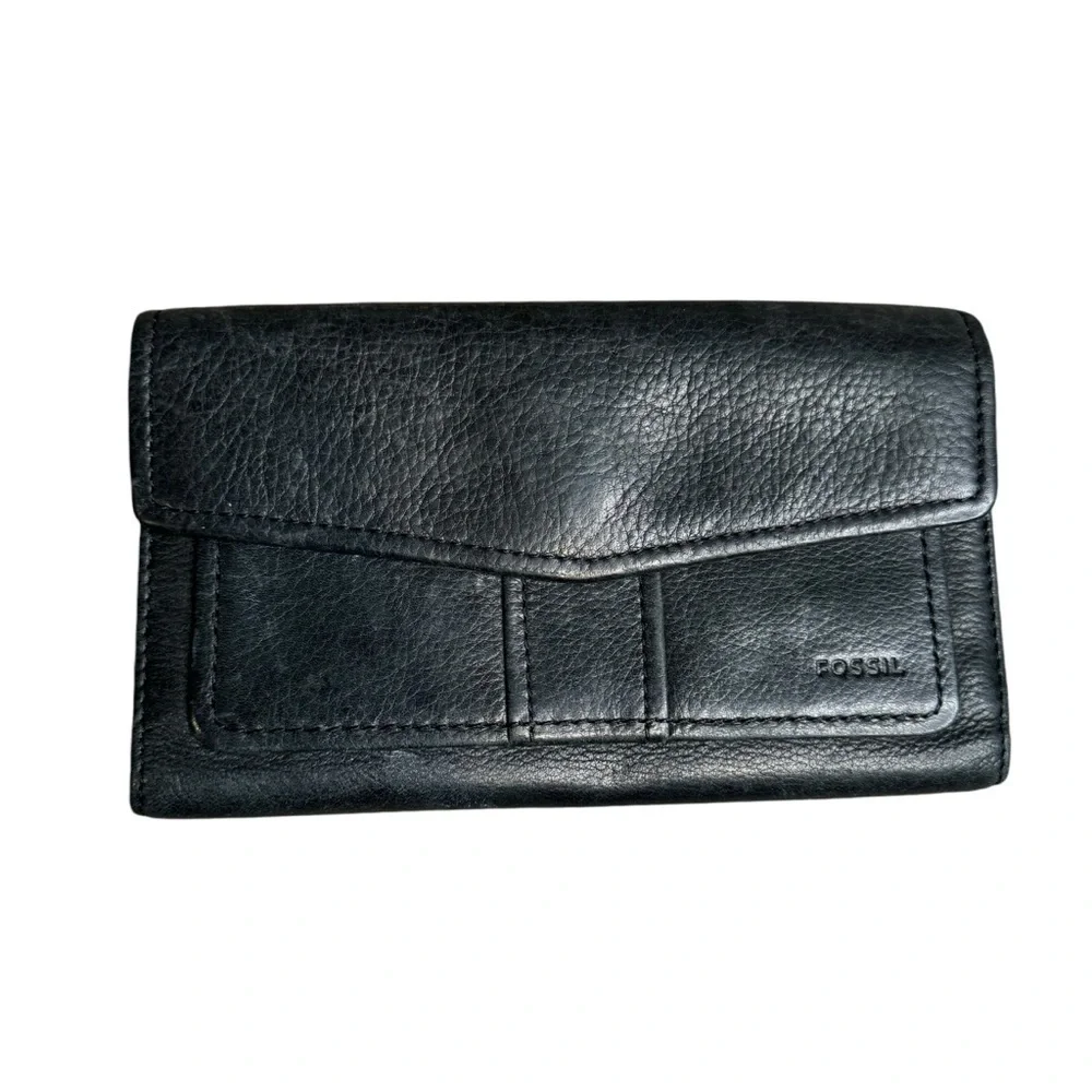 Fossil Black Leather Trifold  Wallet Checkbook Holder Snaps & Zips Ladies VTG
